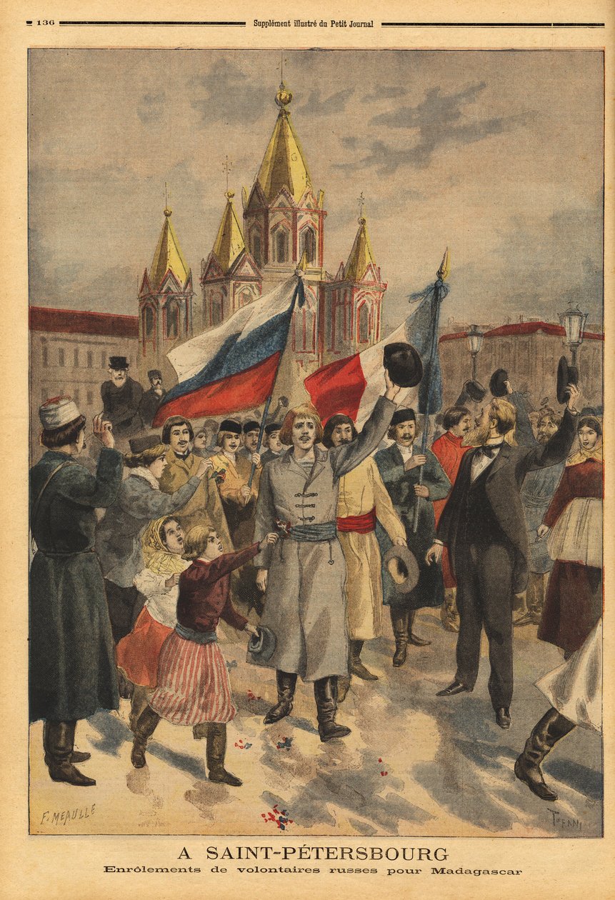 Orosz önkéntesek Szentpéterváron a francia expedícióhoz Madagaszkárról. Metszet a „” Le petit journal”-ban 1895.04.28. Selva gyűjteménye. alkotó: Unknown artist