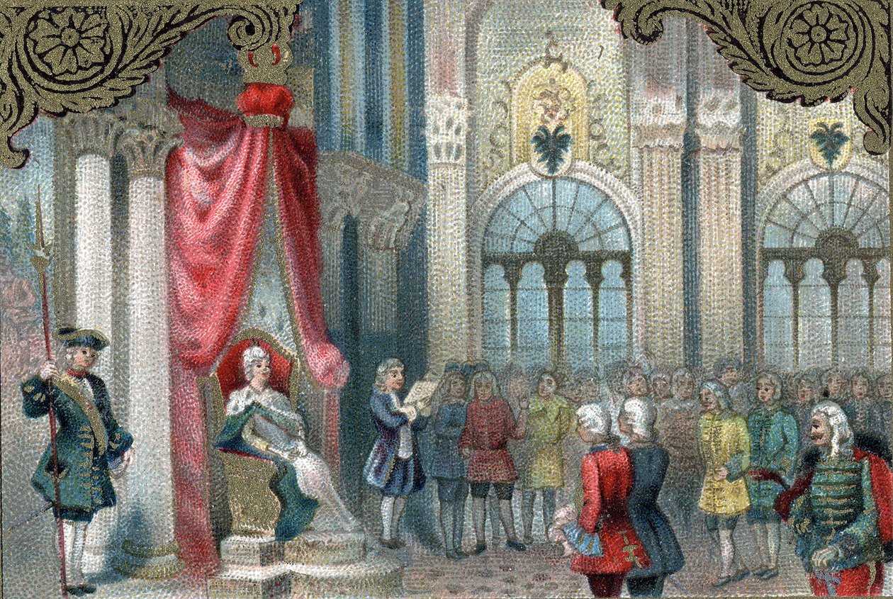 Oroszország modernizációs politikája: II. Orosz Katalin (1729-1796) kihirdeti az Orosz Birodalom újjászervezését. 1785-ben sokkal több hatalmat és jogot biztosított a Birodalom nemeseinek. század késői kromolitográfiája. alkotó: Unknown artist