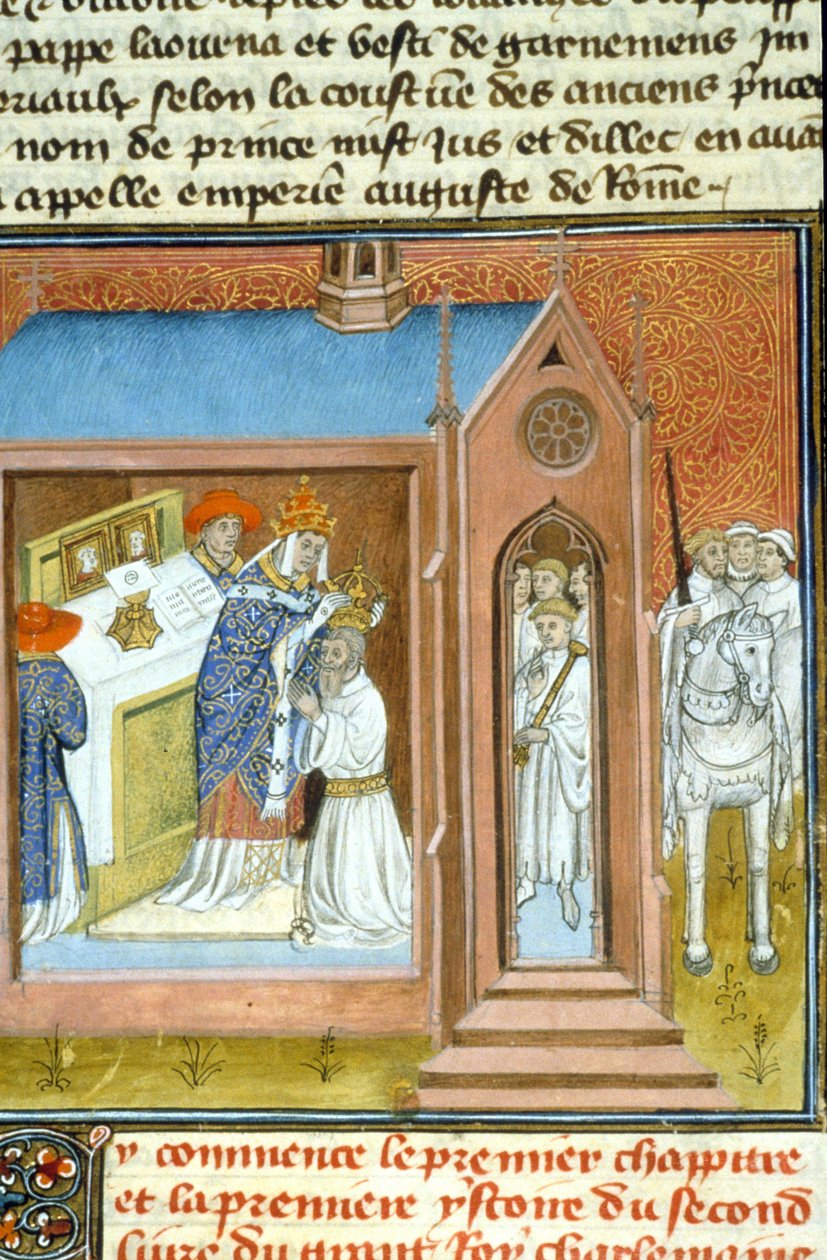 Nagy Károly (742 - 814) szent (koronázása) 800-ban III. Leó pápa által. - Középkori kézirat megvilágítása (ref. 512, 089v) Kérjen engedélyt a Toulouse-i Városi Könyvtártól (tel: 05 62 27 66 66) alkotó: Unknown artist