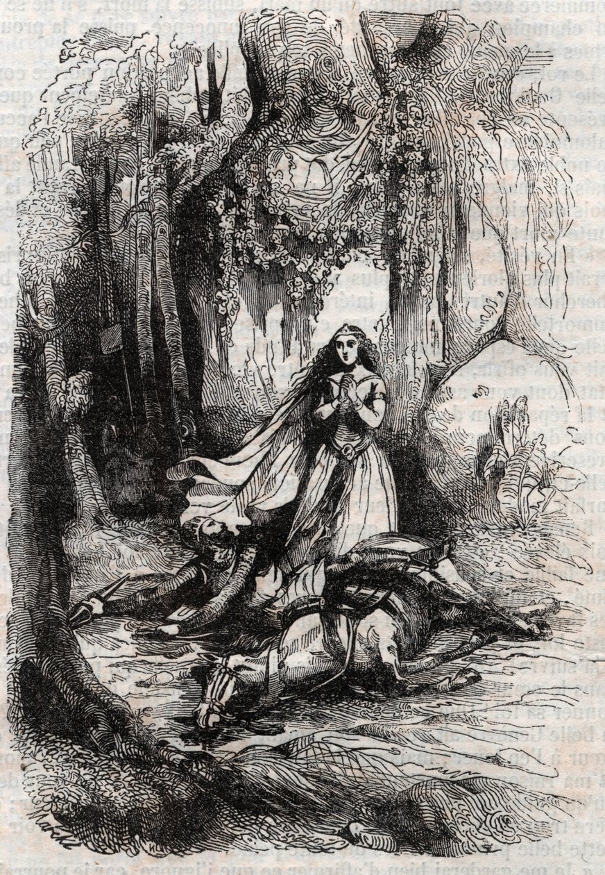 Sacripant (Sacripante) desarconne Angelica (Angelica) jelenlétében - Ludovico Ariosto 1851-es metszete „Roland furieux” (Orlando furioso) (16. század), Ariosta néven ismert - Tressan grófja olasz nyelvről fordította. és p alkotó: Unknown artist