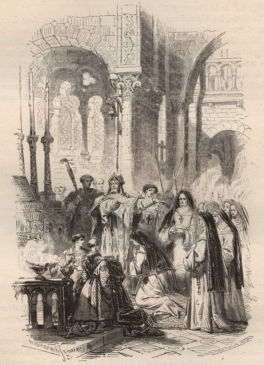 A luxemburgi Saint Cunegonde (kb. 975-1033/1039) vitorlázása 1024-ben, Paderborn Meinwerk (kb. 975-1036) előestéje a németországi kaufungeni bencés apátságban. Metszet 1868-ból a „Histoire de Belgique from primitive times to the alkotó: Unknown artist
