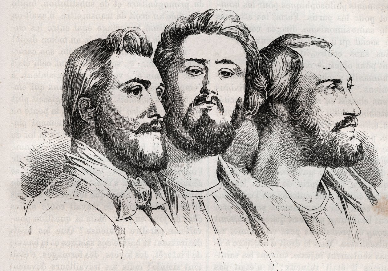 Saint-Simonizmus - Saint-Simonizmus - Saint Simonians - Charles Duveyrier (1803-1866) - Emile Barrault (1799-1869) - Michel Chevalier (1806-1879 - 1882-es metszet a „Histoire de dix ans: 1830” Louis-ban: 1840-18) - fehér (1811-1882) alkotó: Unknown artist