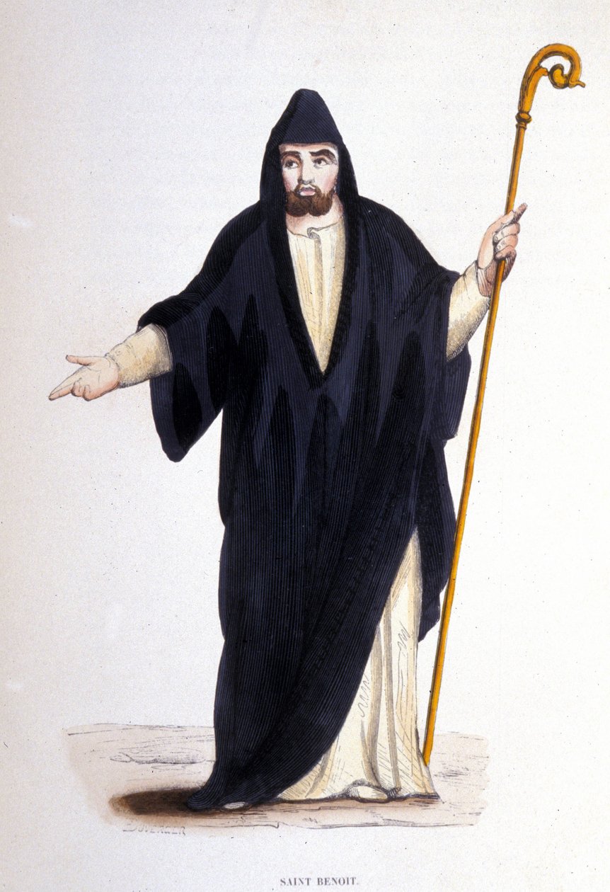 Nursiai Szent Benedek (született Norciában (Norcia) Umbriában 480-527 körül). Metszet egy vallási rendekről szóló albumból, Párizs alkotó: Unknown artist