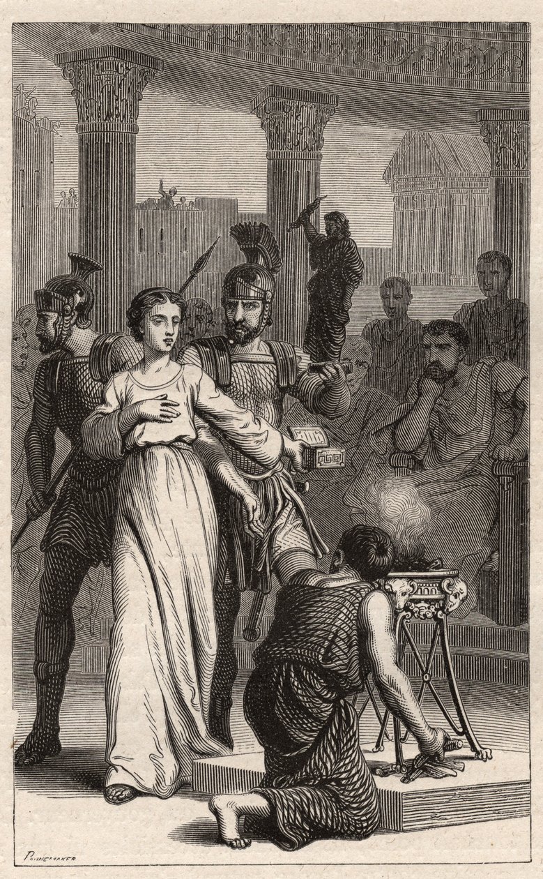 Saint Blandina – Saint Blandine (177. mártír) nem hajlandó áldozni a bálványoknak – metszet Oscar Havard „Franciaország jeles asszonyai” című művében – 1886 alkotó: Unknown artist