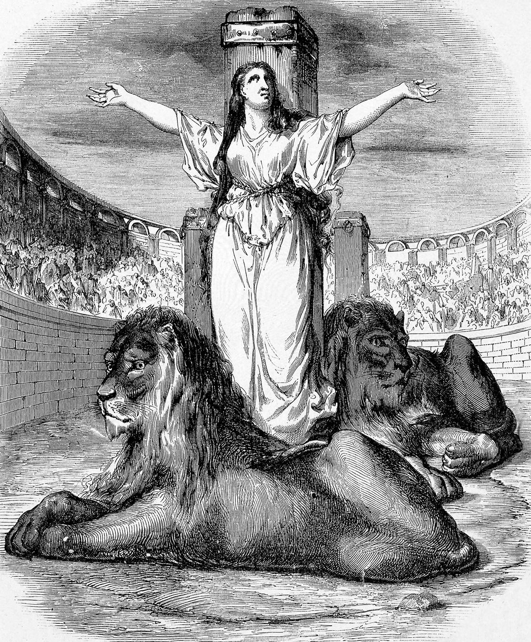 Saint Blandine, fiatal keresztény rabszolga, 177-ben Lyonban oroszlángyűrűben halt mártírhalált, metszet alkotó: Unknown artist