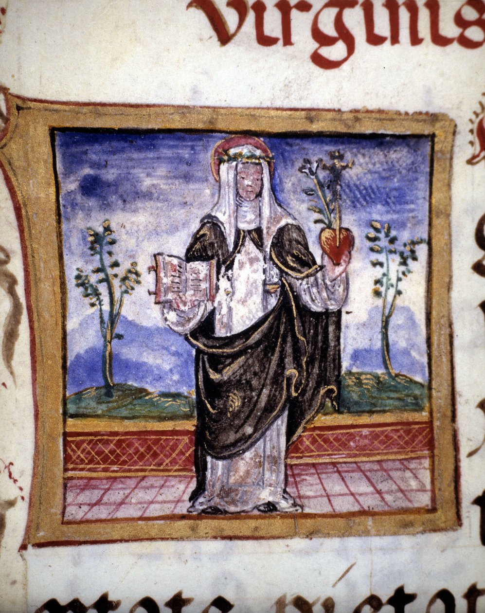 Sienai Szent Katalin (1347 - 1380) könyvvel és szívvel a kezében, 15. századi miniatűr. alkotó: Unknown artist