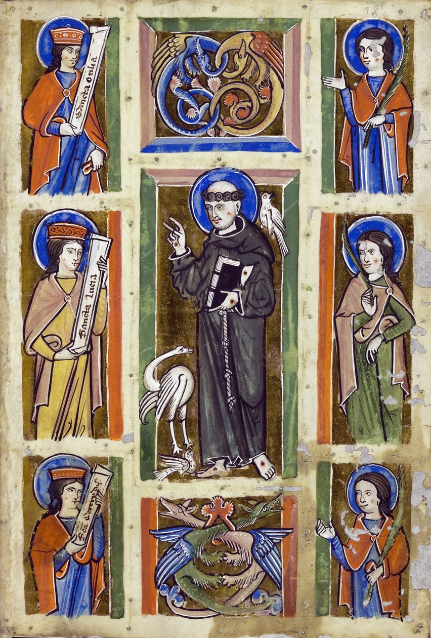 Szent Ferenc prédikál a madaraknak, Névtelen. Akvarell, pergamen, kb 1230-1240, Badische Landesbibliothek alkotó: Unknown artist