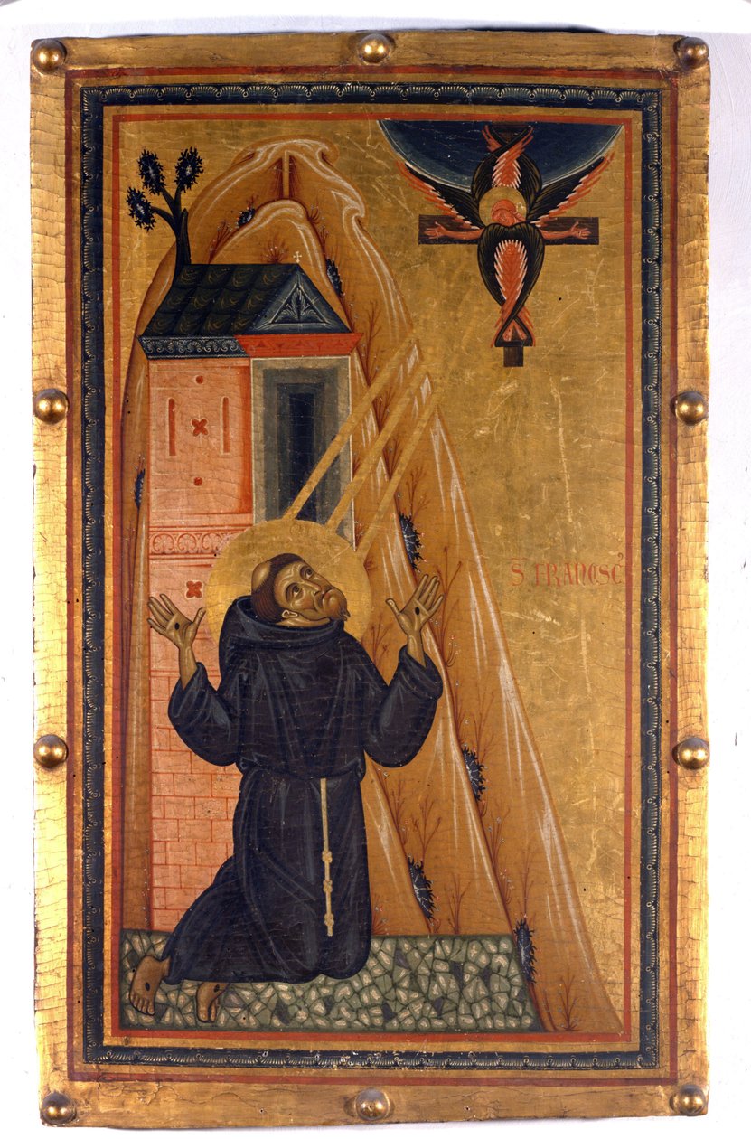 Assisi Szent Ferenc stigmákkal. Festészet a 13. századból. Firenze, Uffizi Képtár. alkotó: Unknown artist