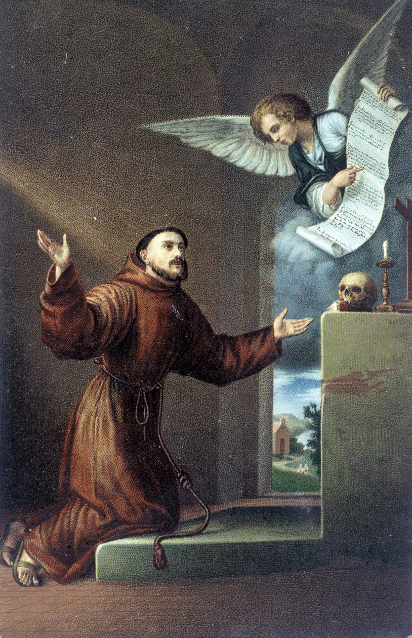 Assisi Szent Ferenc (1181 vagy 1182-1226) egy angyal előtt. 19. századi kromolitográfia. alkotó: Unknown artist