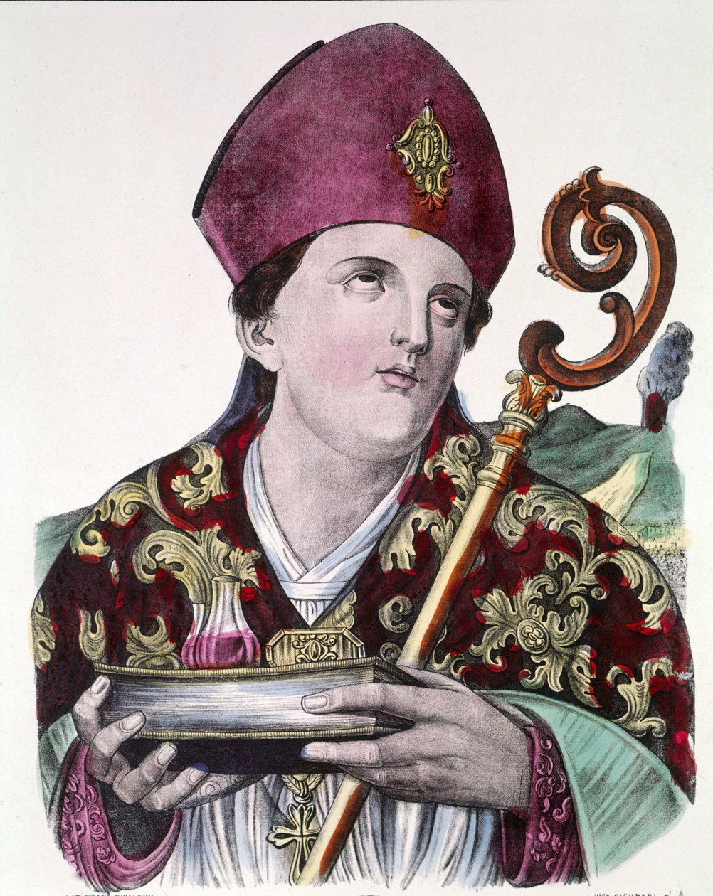Szent Gennaro vagy Szent Janvier, Nápoly város védőszentje, kezében tartja a vérét tartalmazó ampullát. Színes népszerű nyomat a 19. századból. alkotó: Unknown artist