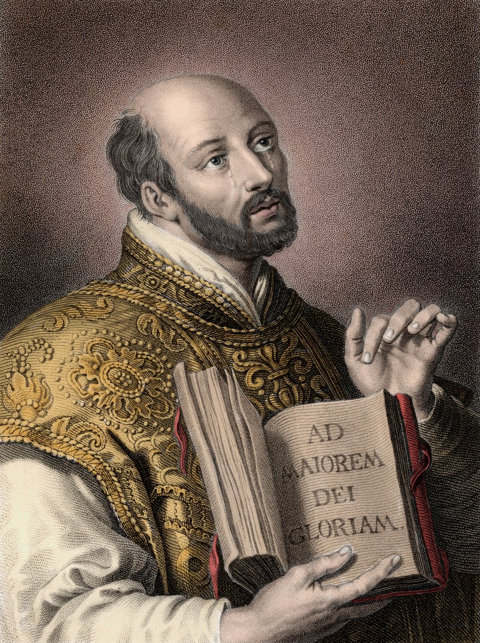 Loyolai Szent Ignác (1491-1556), spanyol teológus, kezében egy könyv, amelynek latin mottója a Jézus Társasága „” Ad maiorem Dei gloriam”” (Isten nagyobb dicsőségére) – Loyolai Ignác portréja (Sant) Ignác vagy Szent Ignác alkotó: Unknown artist
