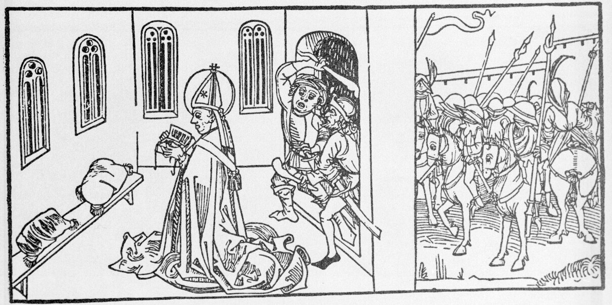 Szent Lambert. A Voragine-i Jacobus (James) (1228-1298) metszete a „Szentek élete – nyári rész” című könyvéből (A szent könyve). Lübeck 1488. alkotó: Unknown artist