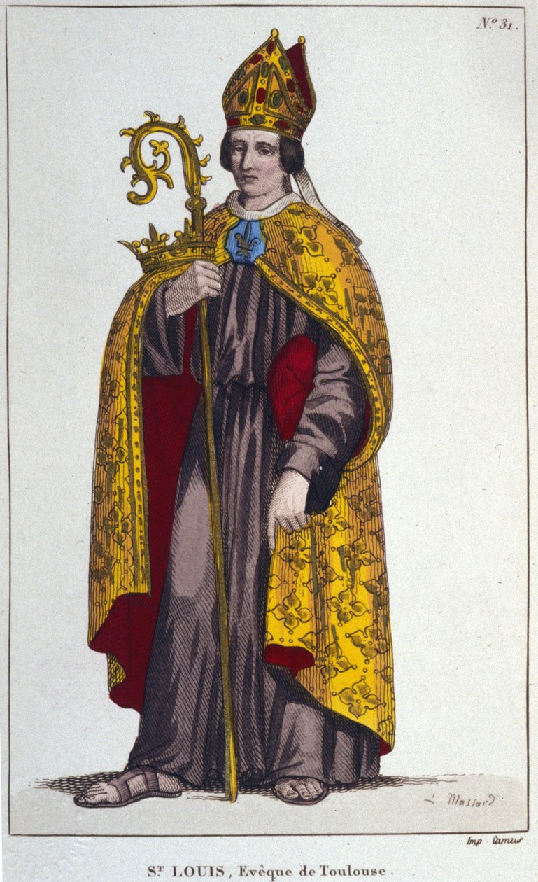 Toulouse-i Szent Lajos vagy Anjou-i Szent Lajos. Szent Lajos (1274-1297), toulouse-i püspök kis unokaöccse. 1830-as metszet alkotó: Unknown artist