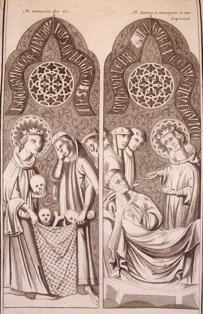 Szent Lajos csontokat szed fel és enni ad a leprásoknak alkotó: Unknown artist