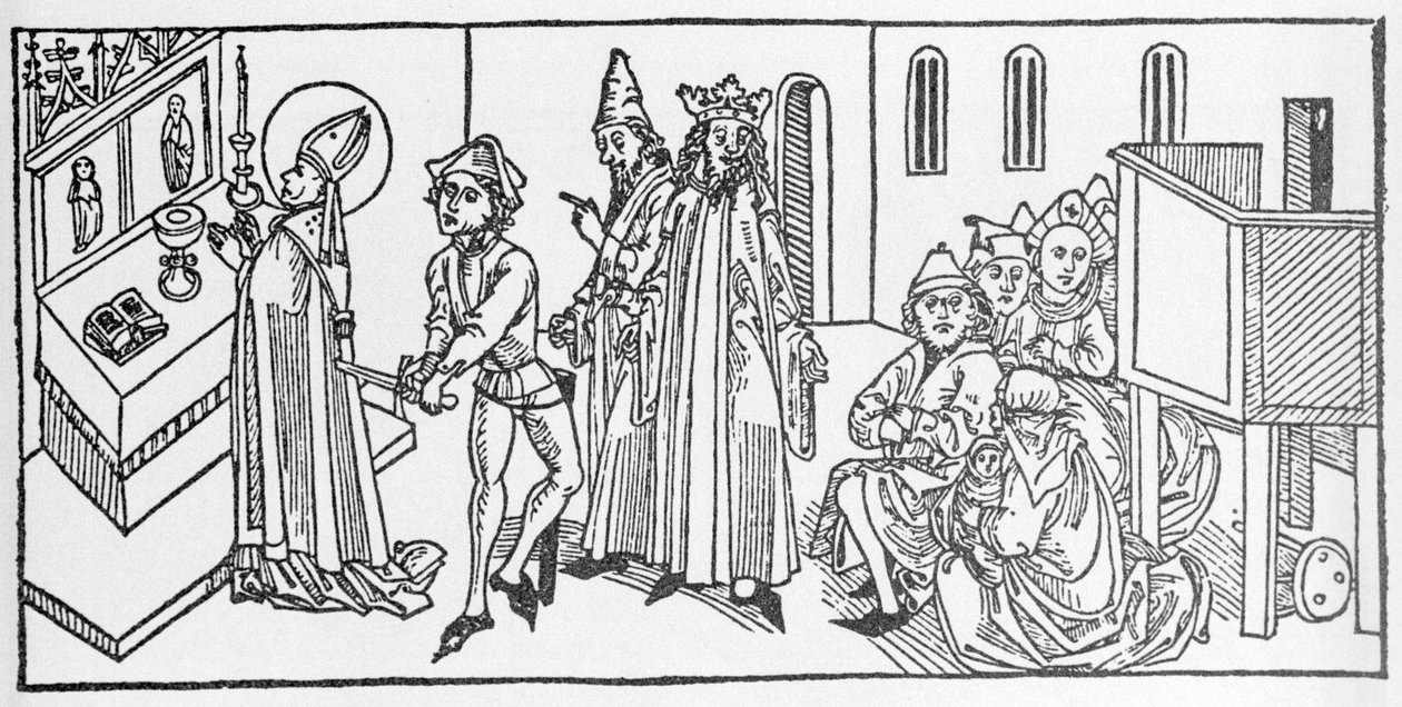 Szent Máté. A Voragine-i Jacobus (James) (1228-1298) metszete a „Szentek élete – nyári rész” című könyvéből (A szent könyve). Lübeck 1488. alkotó: Unknown artist