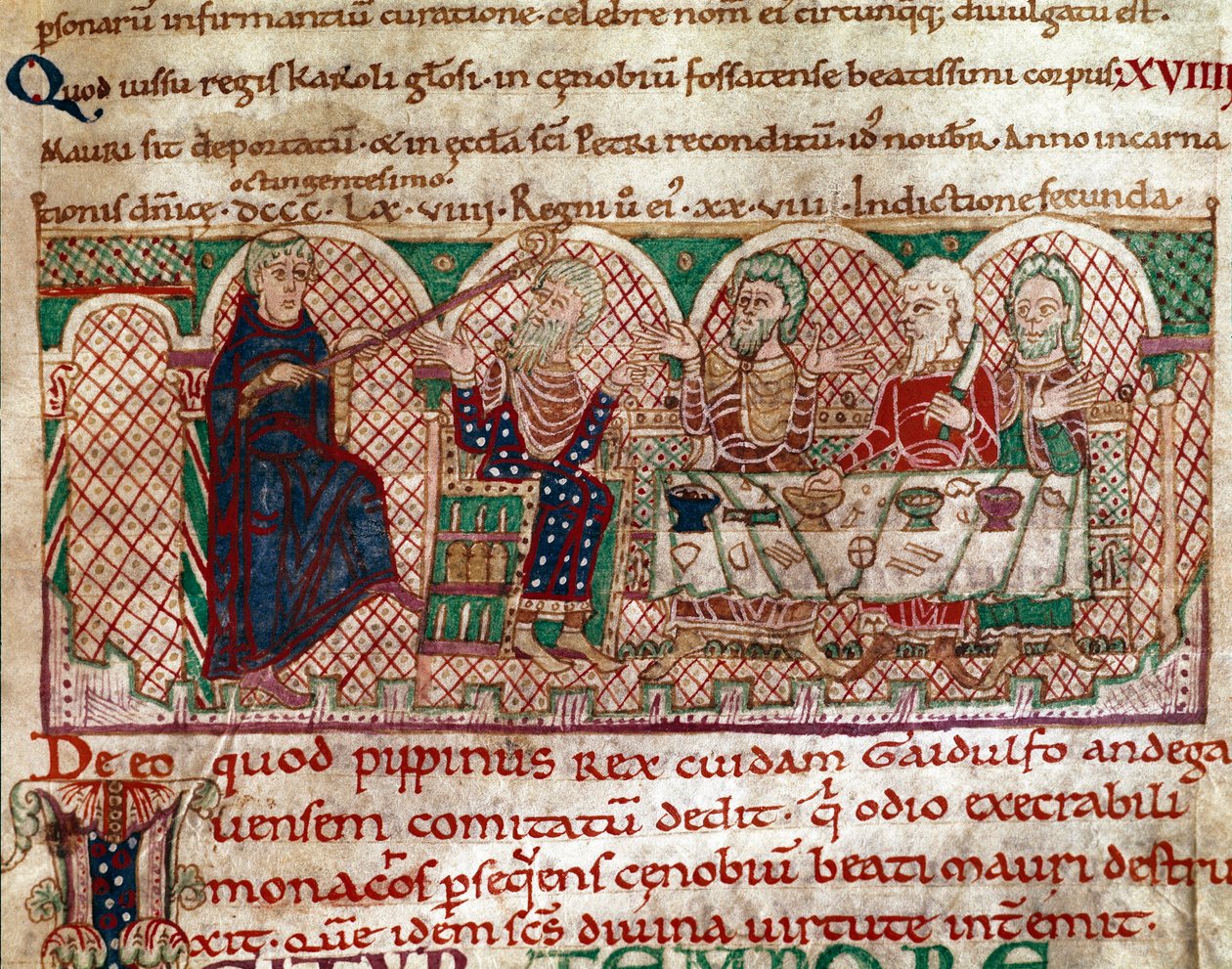 Szent Maur (512-584) az anjoui Flanfeuil (Szent Maur) kolostor alapítóját Ravennai Gaidulfe, a szerzetesek üldözője asztalánál fogadja, és megbünteti Miniatűr Szent Maur életéből és csodáiból” (ms 2273) 1100-1140 Városi Könyvtár alkotó: Unknown artist