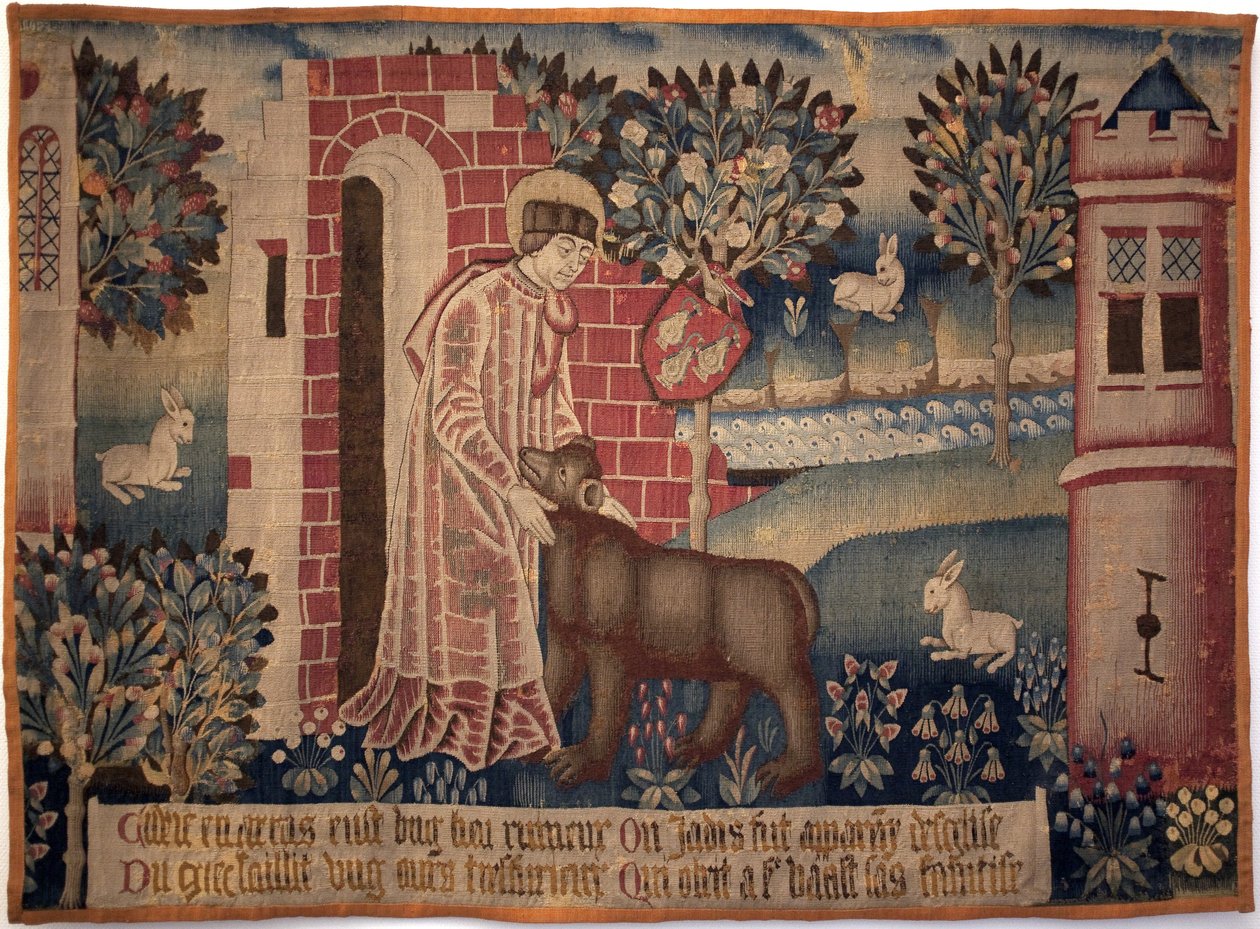Szent Vaast és a Medve. Saint Vaast, Saint Vedast vagy Saint Gaston (540-ben halt meg, eveque és Arras és egyházmegyéje védőszentje) megszelídíti az állatot a Crinchon folyó partján. Gobelin, 15. század második fele. Arras Szépművészeti Múzeum alkotó: Unknown artist