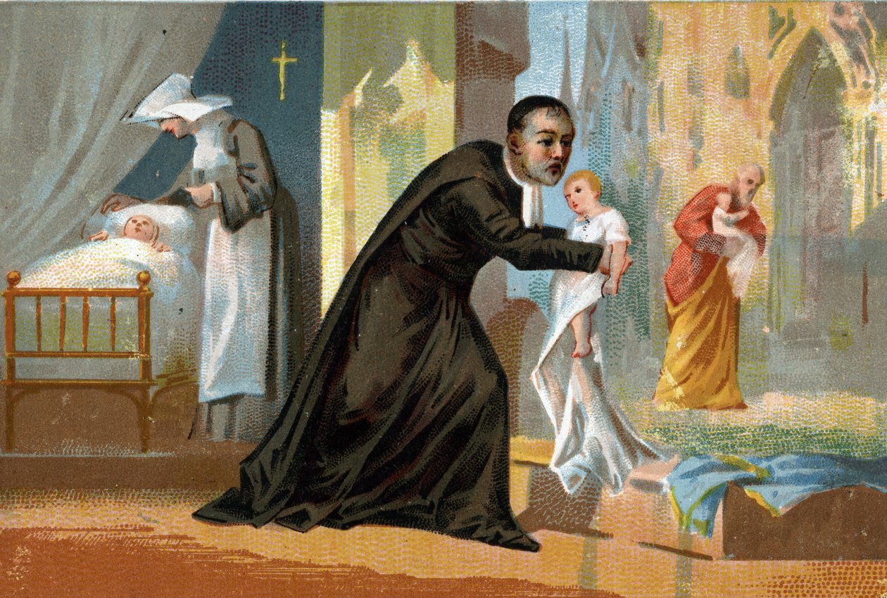 Saint Vincent de Paul (1576-1660), a jótékonysági tevékenységéről híres, a gyermekkereső kórház megteremtője. századi kromolitográfiája. alkotó: Unknown artist