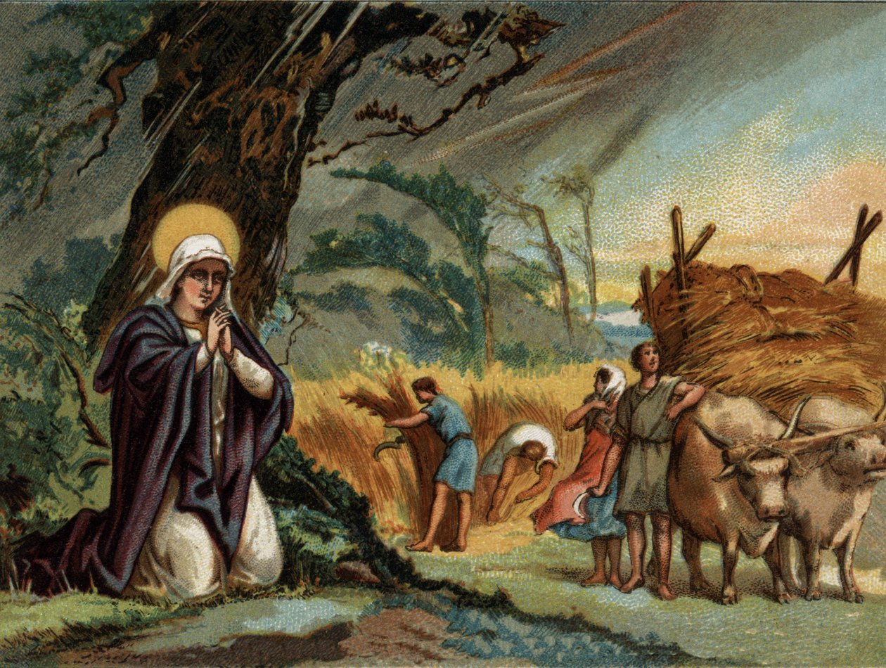 Sainte Genevieve (422-502), Párizs védőszentje őrzi a vihar termését a meaux-ban.Kromolitográfia 1890 körül. alkotó: Unknown artist