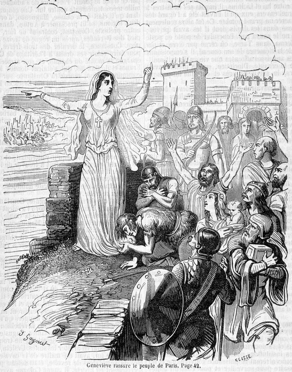 Sainte Geneviève megszervezi Párizs védelmét Attila hordái ellen, és megnyugtatja Párizs lakosságát - Anquetil „Histoire de France” című művében alkotó: Unknown artist