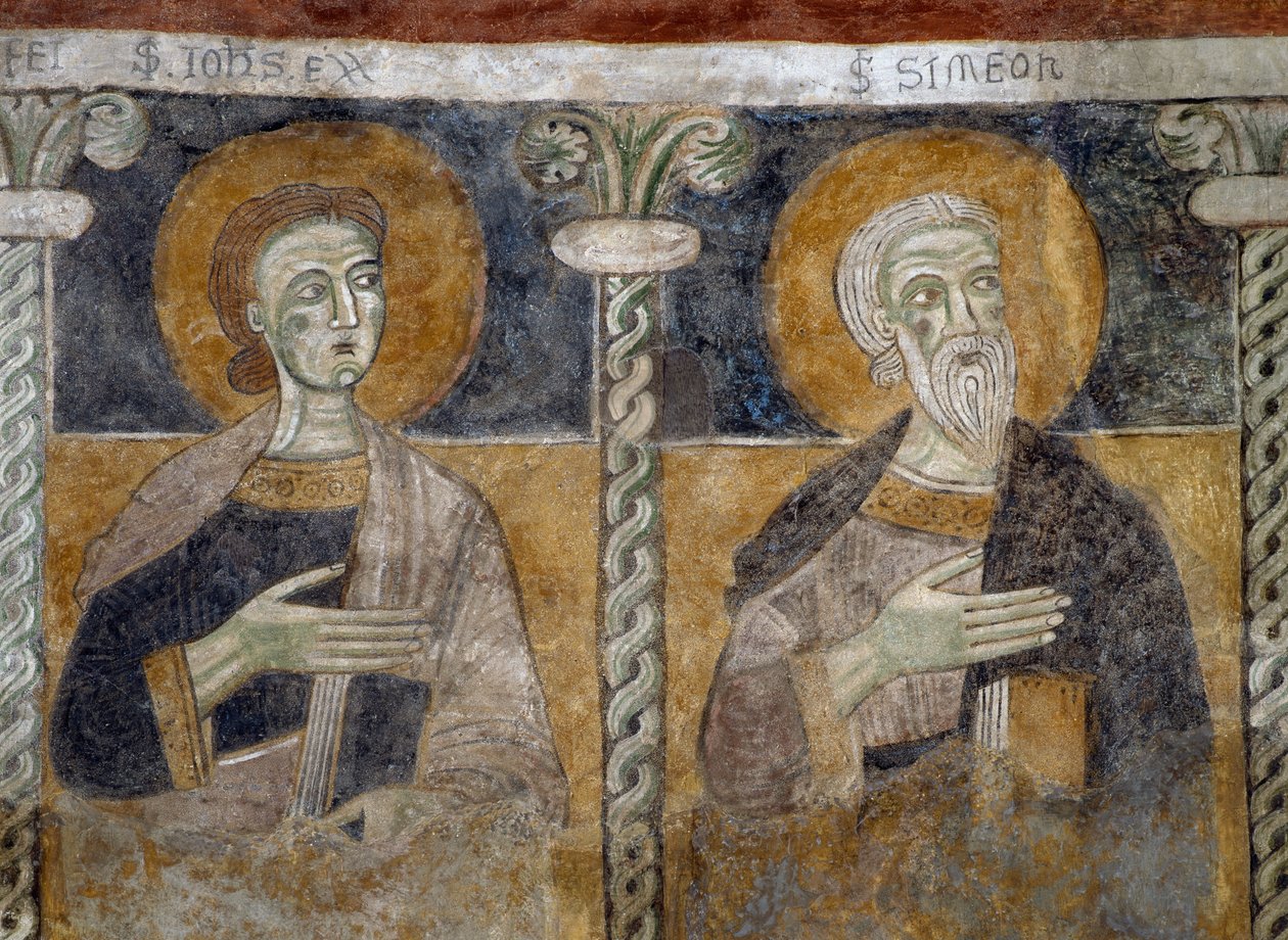 Szent János evangélista és Simeon, a 12. századi freskó részlete a Szent Sisinio Mártír és Alessandro bazilikában, San Zeno di Trento, Trentino-Alto Adige, Olaszország. alkotó: Unknown artist