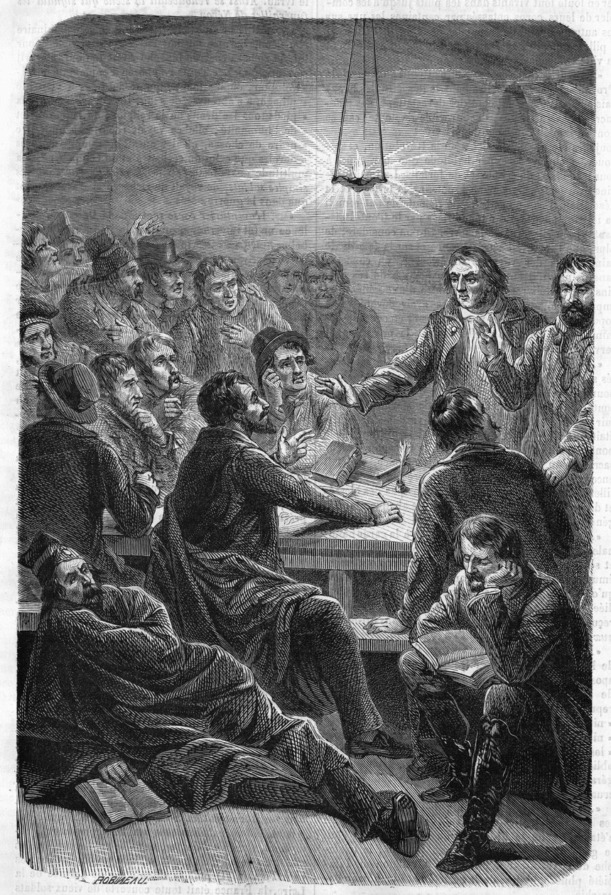 Carbonari eladása (Reunion). (Charbonnerie vagy Carboneria, 19. század eleje).1864-es metszet. alkotó: Unknown artist