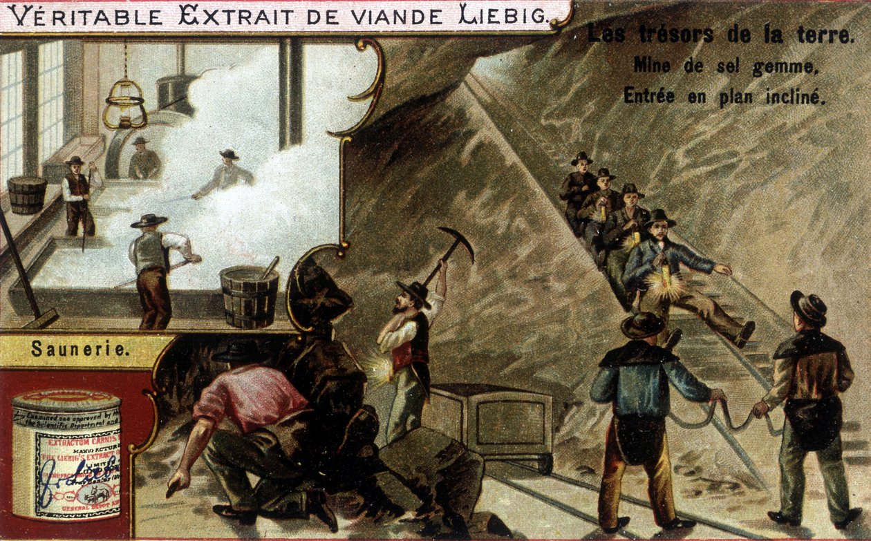 Só- és sóbánya: sókivonás és szaunier. Liebig termékek kromolitográfiája, „Les trresors de la terre” sorozat”. alkotó: Unknown artist