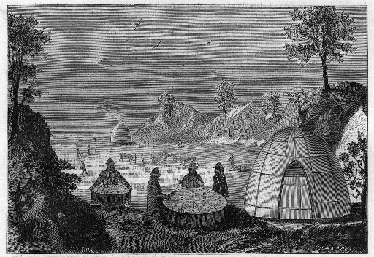 Számi varázsló, aki varázsdob segítségével jósolja a jövőt. Metszet 1885-ből. alkotó: Unknown artist