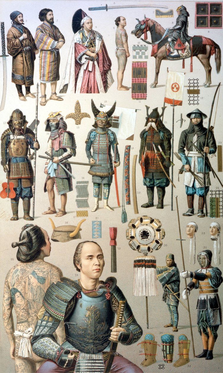 Szamuráj jelmezek, fegyverek és páncélok. 19. század. alkotó: Unknown artist