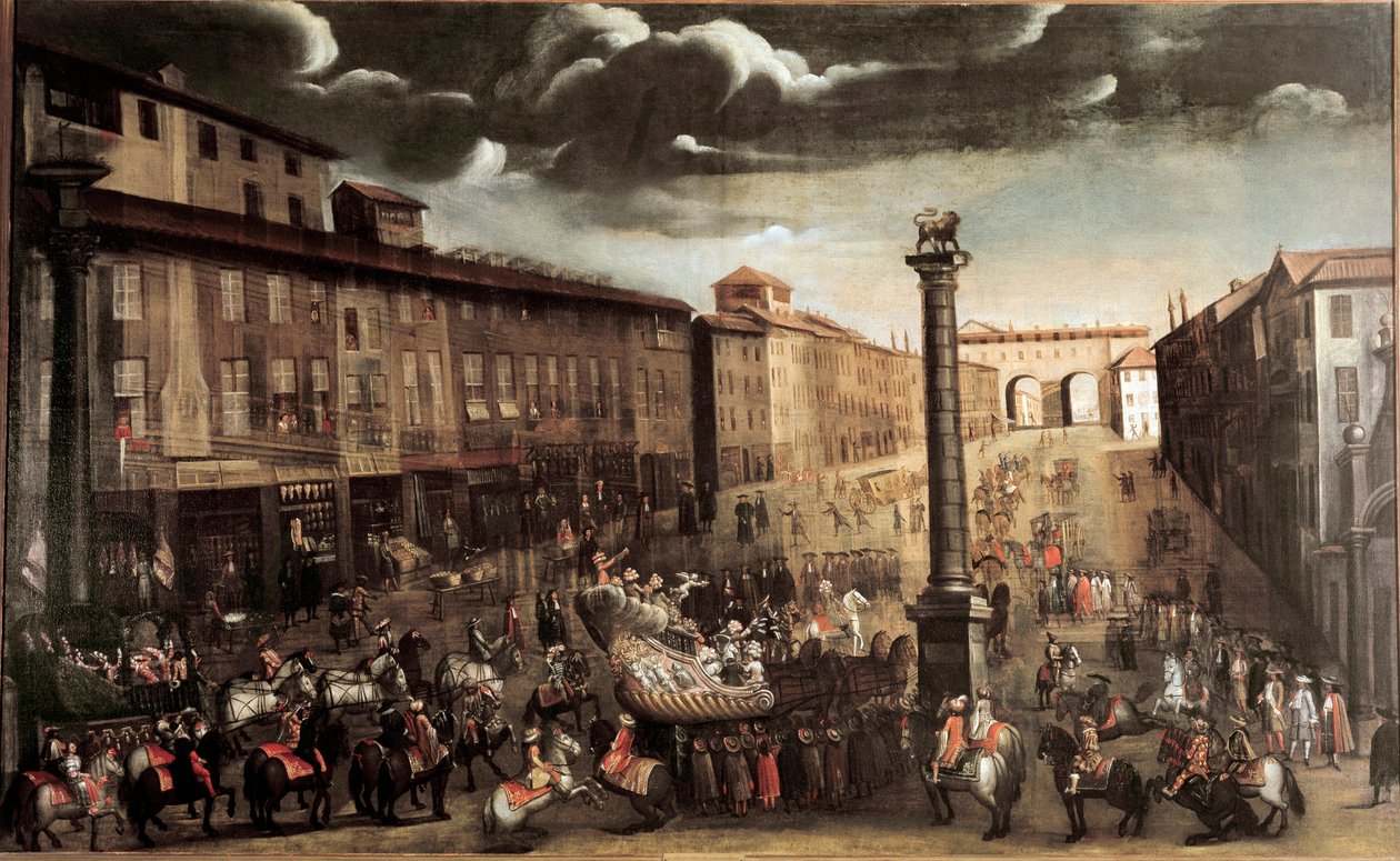 San Babila tér karnevál idején, Milánó (festmény, 17. század vége) alkotó: Unknown artist