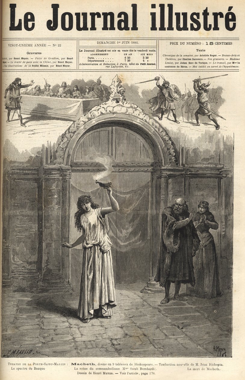 Sarah Bernhardt: Lady Macbeth a „Macbethben”, Shakespeare drámája, Jean Richepin adaptációja – Theater de la porte Saint-Martin – metszet az 1884-es „Le journal illustrious”-ban alkotó: Unknown artist