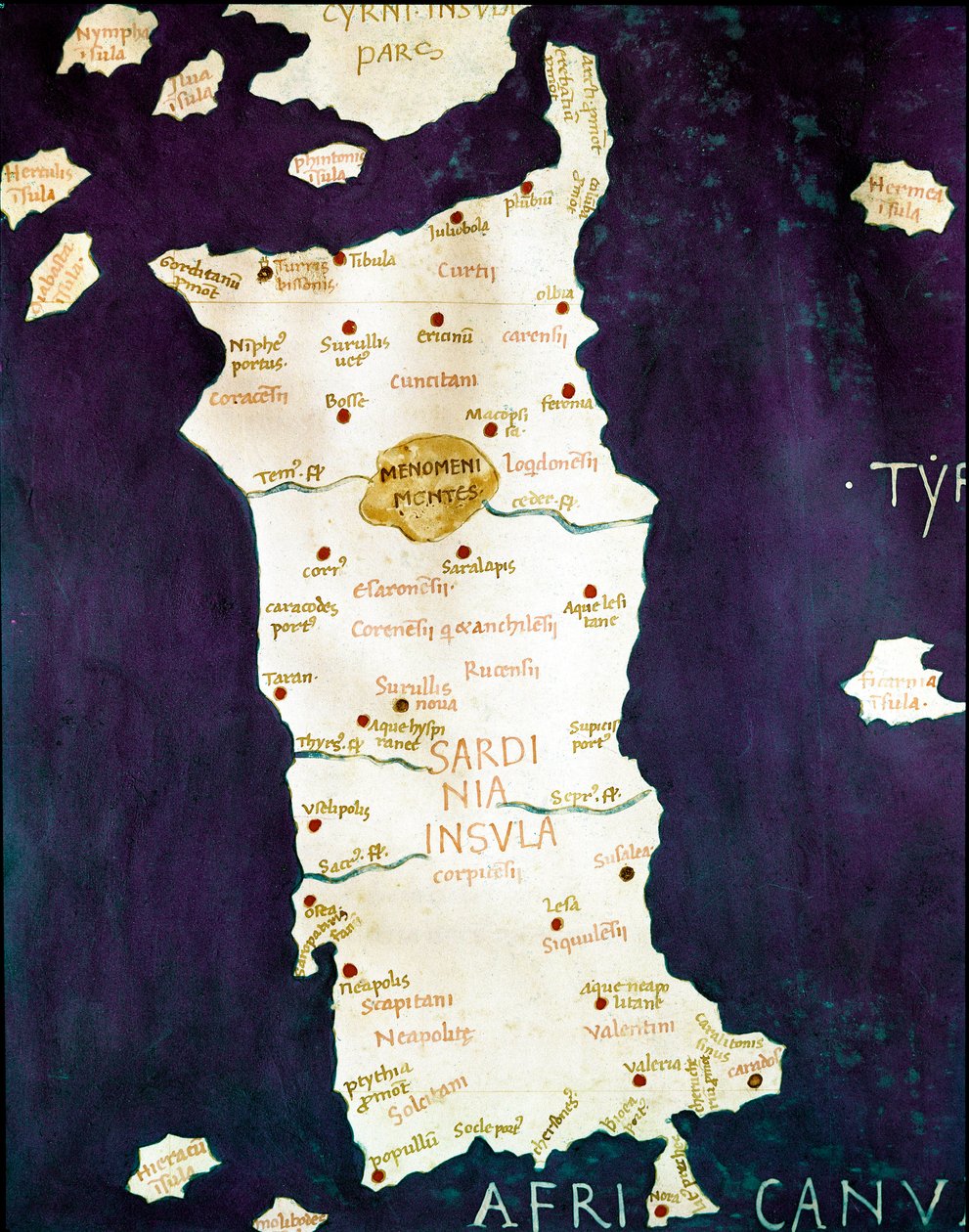 Szardínia (Szardínia). Részlet a „Cosmographiát” (Földrajz) kísérő földrajzi térképről, Claude Ptomelee (i.sz. 2. század), 15. század végén Nápoly, Biblioteca dei Gerolamini alkotó: Unknown artist