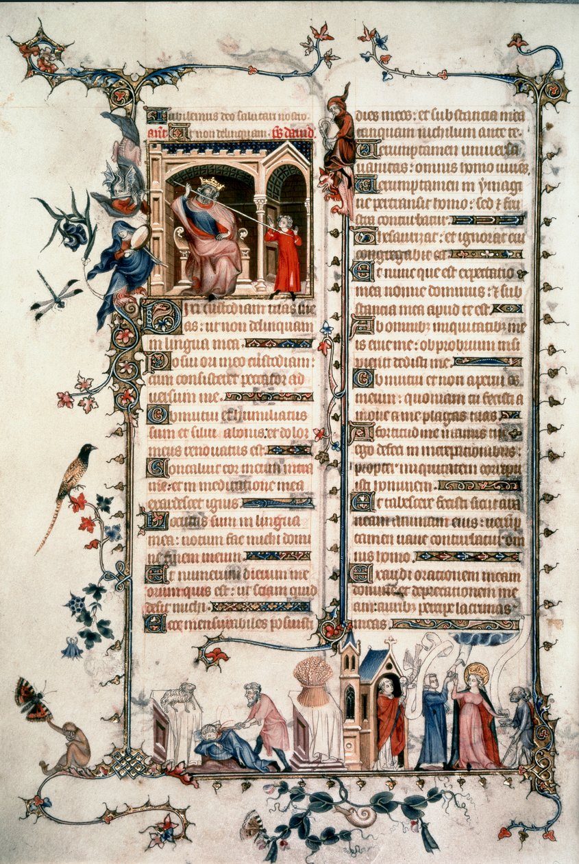 Saul megfenyegeti Dávidot, Káin megöli Ábelt, Az Eucharisztia és a Szeretet allegóriái. Belleville-i breviárium. 1323-1326. Ms. Lat. 10483 fol.24v. - Jean Maid. Belleville Breviárium alkotó: Unknown artist
