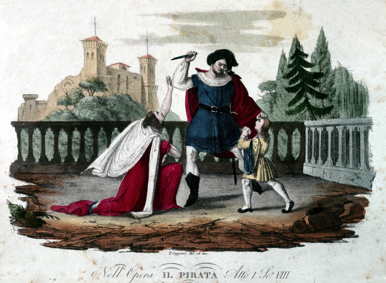 Vincenzo Bellini „” Il pirata” (A kalóz) V. felvonásának 8. jelenete. Coloree metszet 1827-ből. Első előadás a teatro alla Scalában. alkotó: Unknown artist