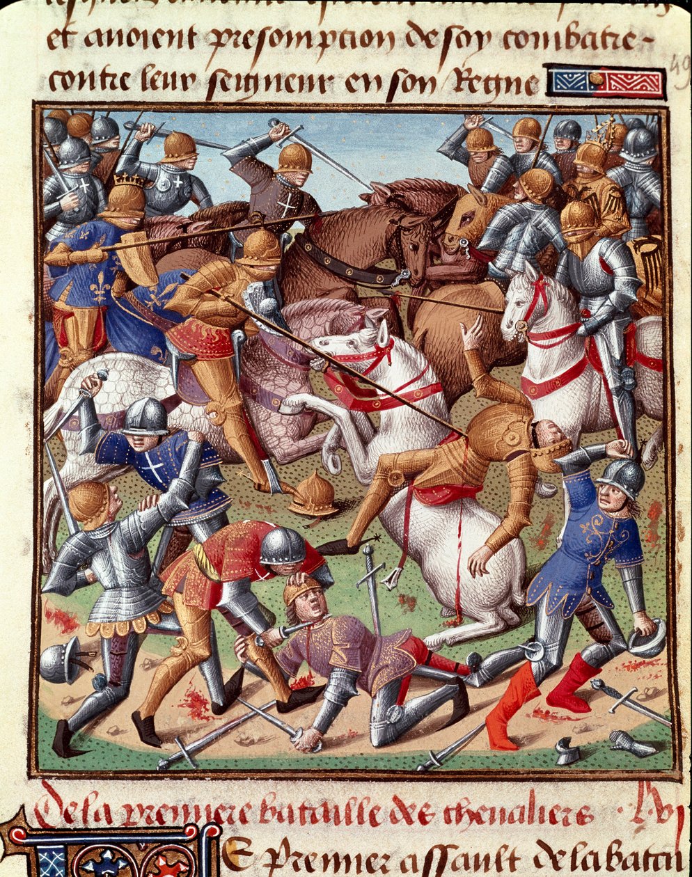 Miniatűr csatajelenet a „Le Miroir historial”-ban (Speculum Historiale) (ms. 1196 fol. 408 r.), Vincent de Beauvais (1190-1264), Jean de Vignay francia fordításában alkotó: Unknown artist