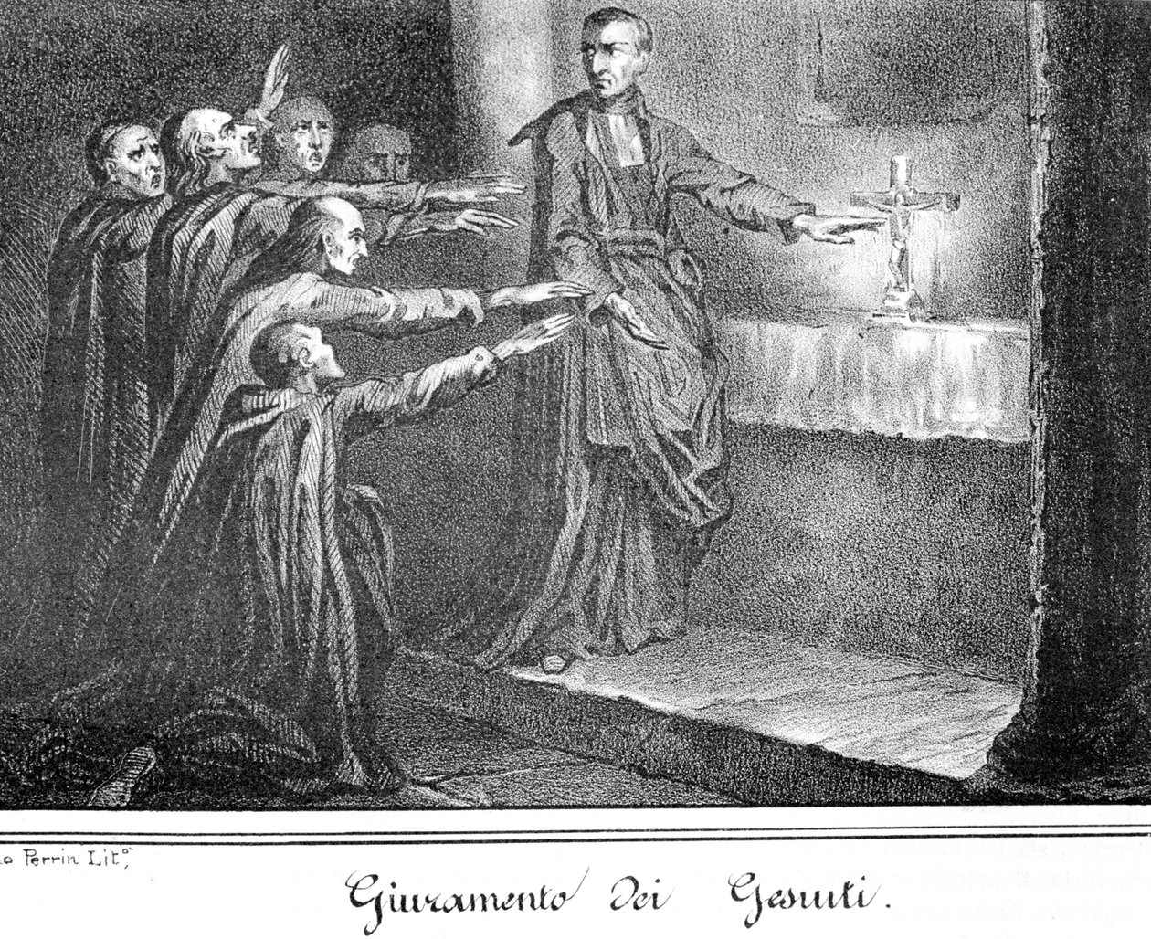 Esküt tevő jezsuitákat ábrázoló jelenet. Metszet a 19. század végéről. alkotó: Unknown artist