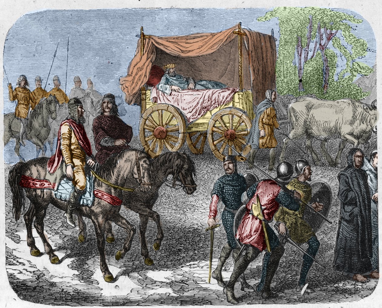 A lusta királyokat ábrázoló jelenet: III. Thierry francia király (673-691) ökrök által húzott ágyú tankban hord. alkotó: Unknown artist