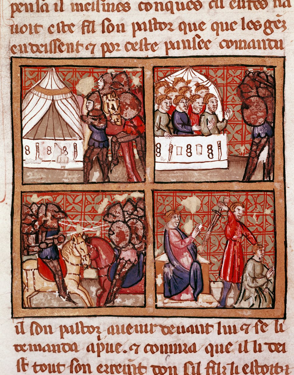 Két ellenséges tábor összecsapásának jelenete, kivégzés a jobb alsó sarokban. Egy 14. századi kézirat oldala Biblioteca Marciana Venice alkotó: Unknown artist
