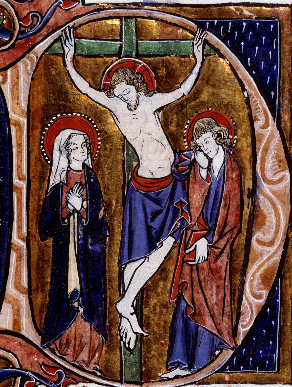 Fejléces keresztrefeszítés jelenete (D betű). Miniatűr Vincent De Beauvais „Speculum historiale” című művében (XII. század) alkotó: Unknown artist