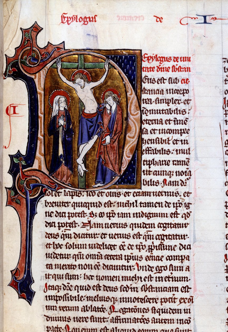 Fejléces keresztrefeszítés jelenete (D betű). Miniatűr Vincent De Beauvais „Speculum historiale” című művében (XII. század) alkotó: Unknown artist