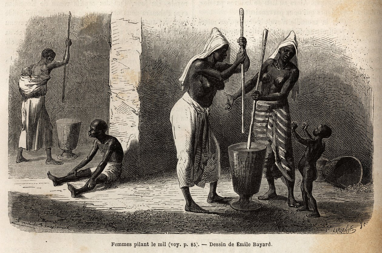 A mindennapi élet színtere: kölest dübörgő nők Sekouban (Niger), gyerekekkel körülvéve. Metszet M. Mage hadnagy nyugat-szudáni utazásának illusztrálására, 1863-1866 között, megjelent a „Le tour du monde, nouveau journal des voyages” címmel. alkotó: Unknown artist