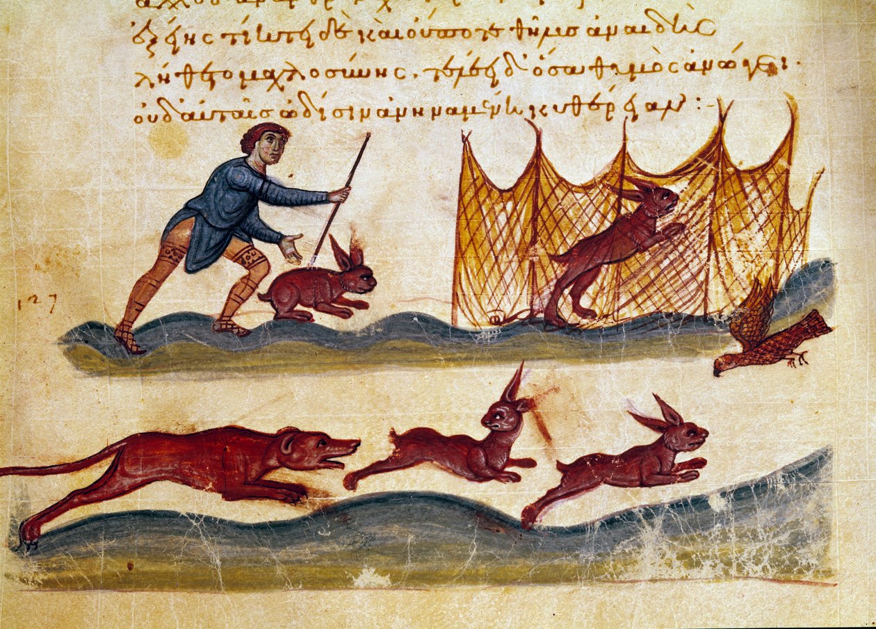 A szíriai Oppian (Oppian vagy Oppianus) (i.sz. 3. század) Caracallának szentelt miniatúra a nyúl vadászatáról. 11. századi Velence. Biblioteca Marciana alkotó: Unknown artist