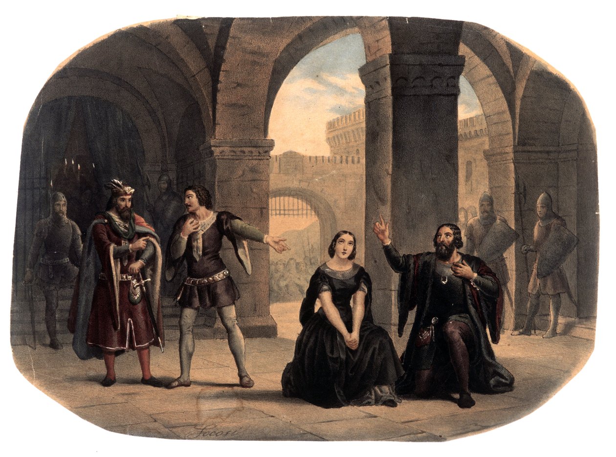 Jelenet Giuseppe Verdi (1813-1901) zeneszerző „La forza del destino” című operájából. Illusztráció a 19. század végéről alkotó: Unknown artist