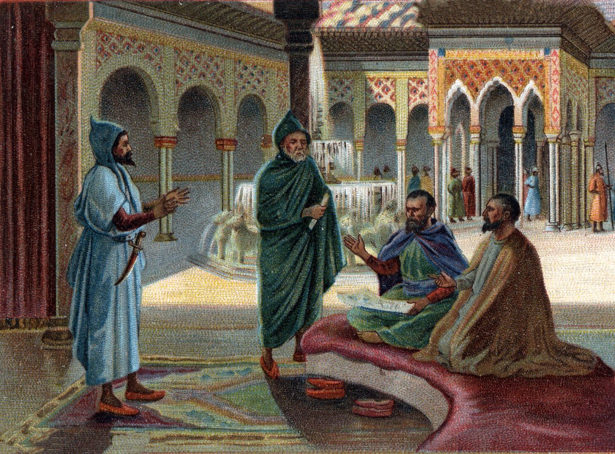 Eltűnt királyságok jelenetei: Mór Tanács (Mór, Spanyolország egy részét elfoglaló araboknak adták a nevet) a granadai Alhambra palotában. Granada az utolsó mór állam, 1482-ben fejezték be. A 19. századi kromolitográfiája. alkotó: Unknown artist