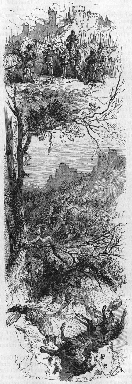 Csaták jelenetei. XI. Lajos nyakláncot adott Raoul de Lannoinak (1481), Combat de Therouanne-nak (1480) és Marie de Bourgogne-nak, aki megsérült egy lóesés következtében (1482). századi metszet. alkotó: Unknown artist