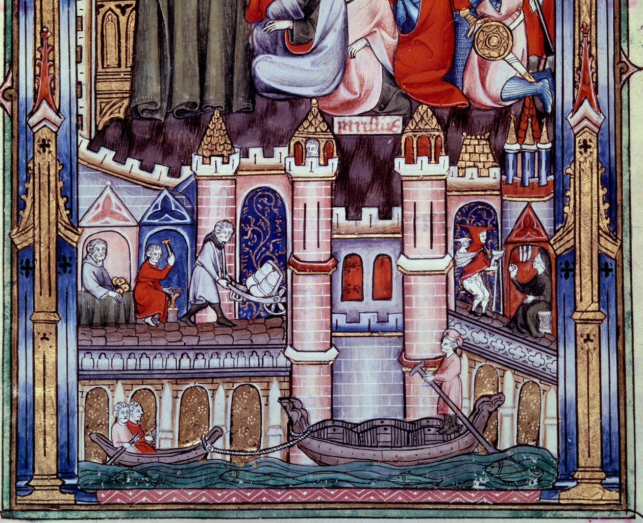 Építési és navigációs munkák színterei Párizsban a középkorban. Miniatűr Yves, Saint-Denis szerzetes „” Saint Denis élete”” kéziratából alkotó: Unknown artist