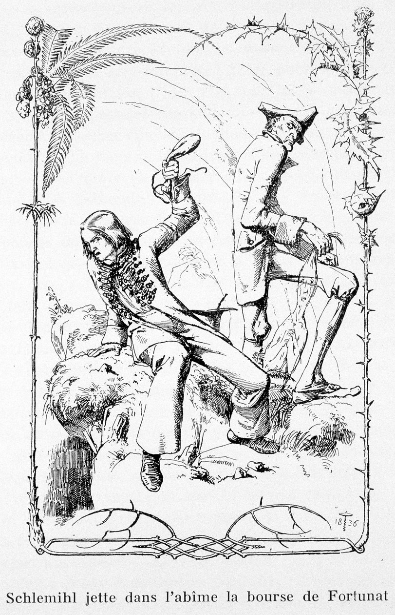 Schlemihl a mélybe dobja Fortunat pénztárcáját – Aldebert Von Chamisso „Pierre Schlemihl csodálatos története” című művében alkotó: Unknown artist