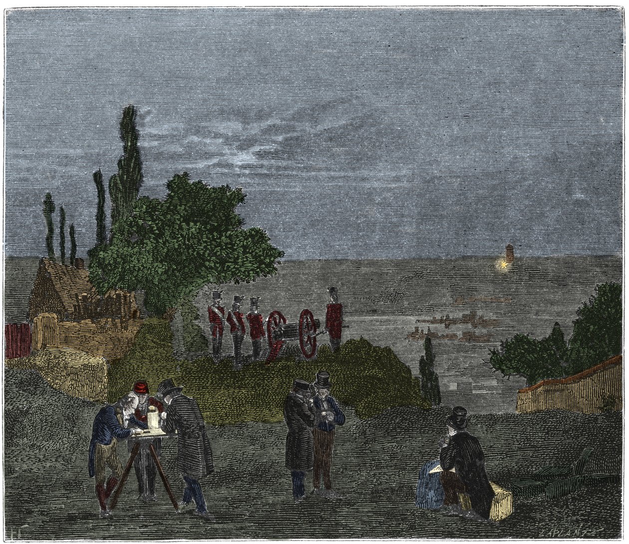 Tudományos kísérlet: Humboldt, Louis-Joseph Gay-Lussac (Louis Joseph Gay Lussac), Bouvard, Prony és Mathieu hangsebesség-számítása, amely meghatározza a fény érzékelése és a fegyverlövés között eltelt időt. az éjszakán alkotó: Unknown artist
