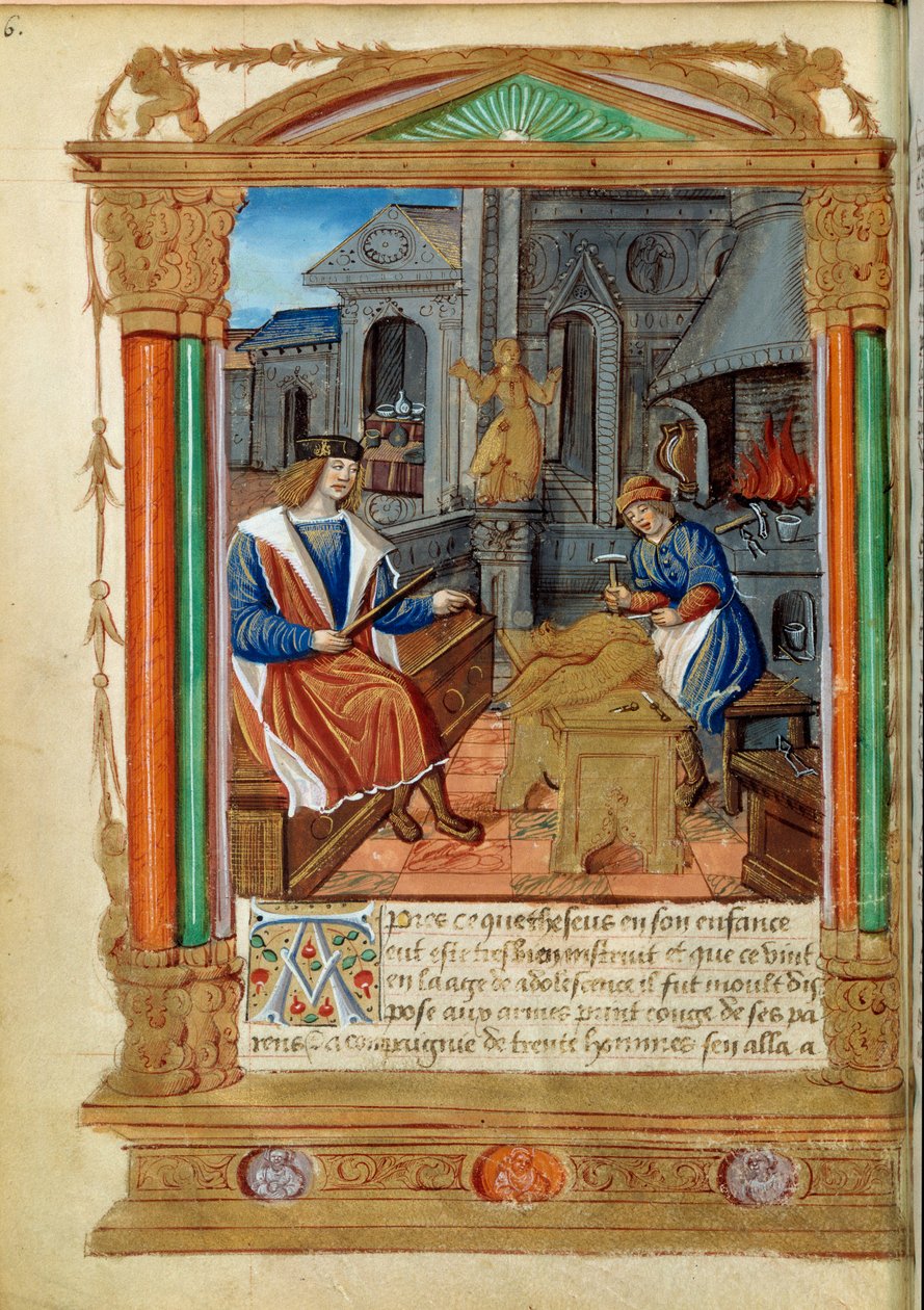 Szobrászat: a mester irányítja tanítványa munkáját, sast farag. Miniatűr a „” Roman de Theseus de Cologne et de Godifer”-ből” 16. századi Párizs, B.N. alkotó: Unknown artist