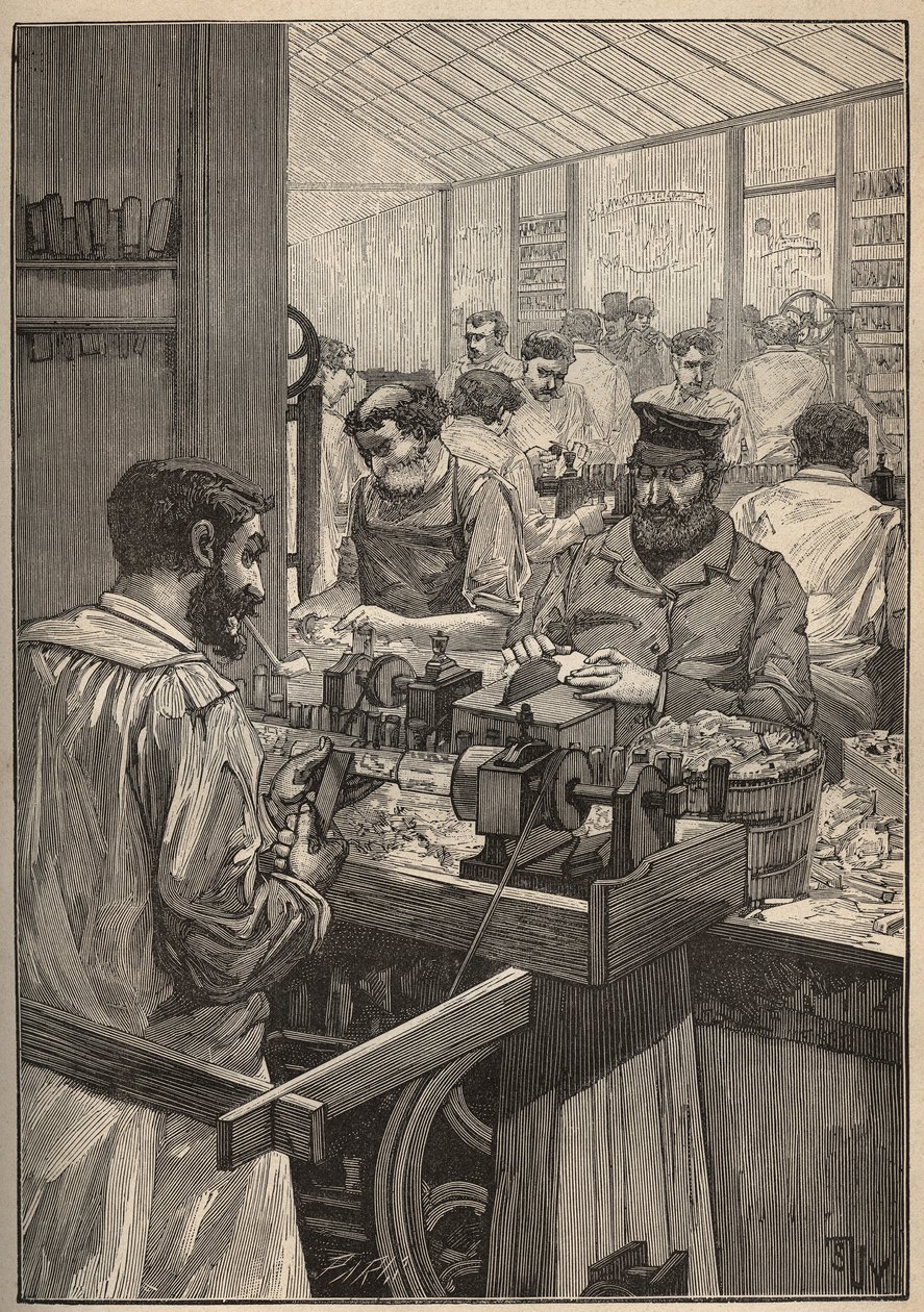 Tengeri flitter: tengeri flitter csövek gyártása. Metszet 1885-ből Adolphe BITARD „Les arts et metiers illustres” című könyvében. alkotó: Unknown artist